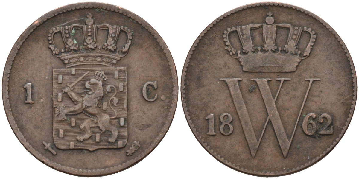 Нидерланды 1 цент 1862 Виллем III (1849-1890) KM 100 медь 4586-457
