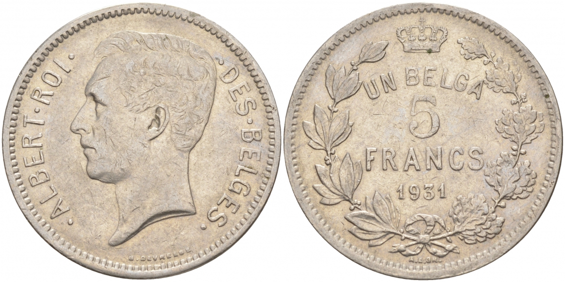 БЕЛЬГИЯ 5 ФРАНКОВ 1931 BELGES KM 97.1 никель 69-223