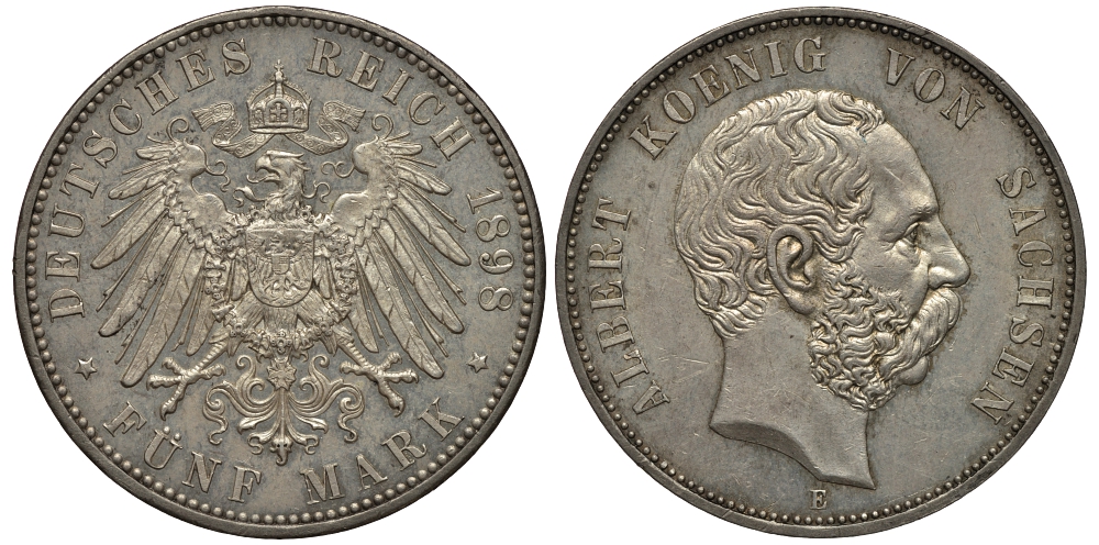 Саксония 5 марок 1898 Альберт Саксонский (1873-1892) KM 1246, J.125 цена по каталогу МТ 900 евро aUNC 10-017-40
