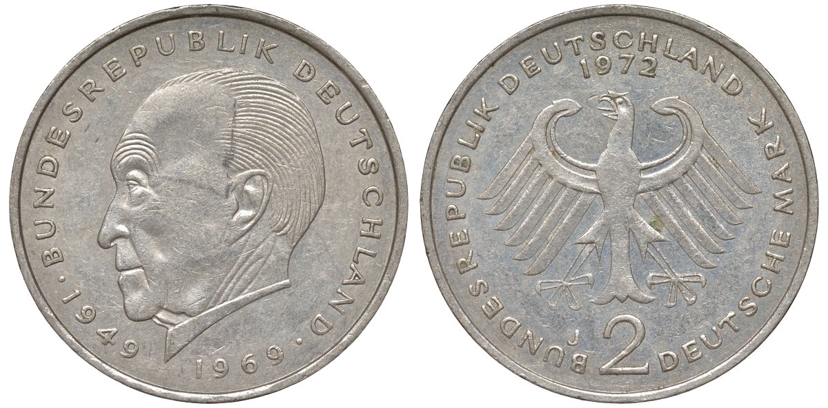 ФРГ 2 марки 1972 J, Теодор Хойс KM 127, J. 407 медно-никель плакированный никелем 4137-1016