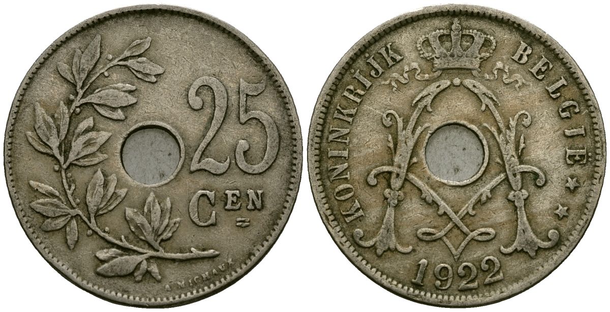 Бельгия 25 сантимов 1922 Belgie KM 69 медно-никель 4165-836