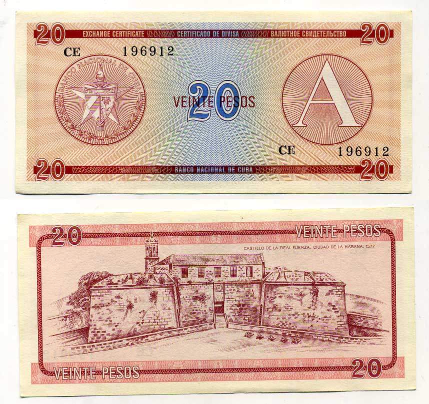 Куба, валютный сертификат 20 песо ND (1985) серия A, красная Pick FX 5 бумага aUNC 444-42-1-2