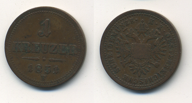 Австрия 1 крейцер 1851 B, Франц Иосиф I (1848-1916) KM 2185 медь 37-117