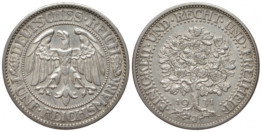 Германия 5 рейхсмарок 1931 J, Веймарская республика, дуб Weege 21, J. 331, KM 56 серебро 00-814-77