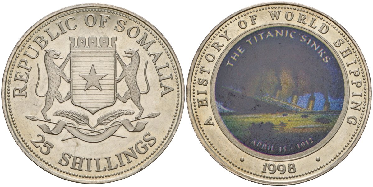Сомали 25 шиллингов 1998 история мирового судоходства, гибель Титаника (RMS Titanic) KM 41 медно-никель PROOF 11-082-34
