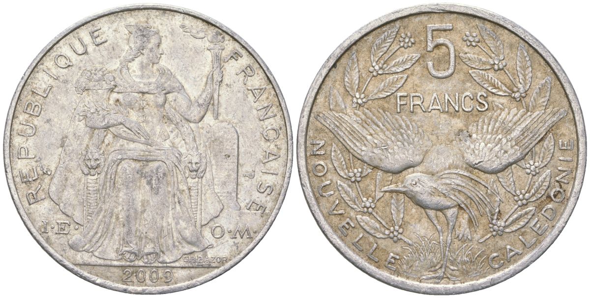 Французская Новая Каледония 5 франков 2009 птица кагу, (IEOM) KM 16, Schoen 12, Lec 81k алюминий 221-822