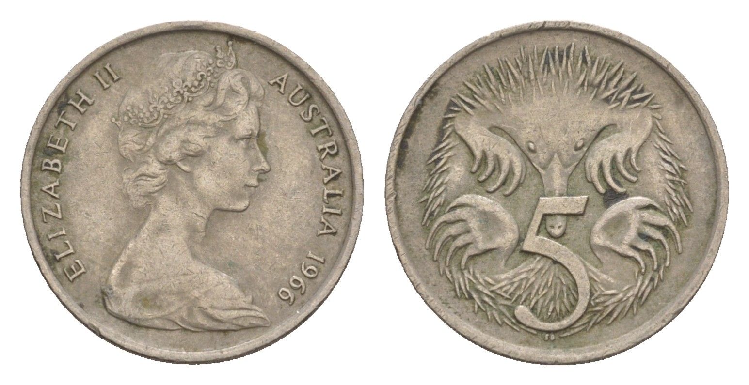 Австралия 5 центов 1966 Елизавета II (1952-2022) молодой портрет, ехидна KM 64 медно-никель 4655-1254