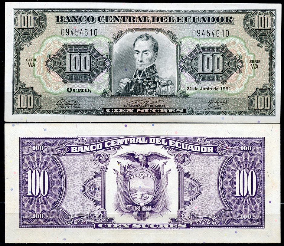 Эквадор 100 сукре 1991 Симон Боливар, 21 июня, серия WA Pick 123А a  бумага  UNC (пресс) 447-125-2