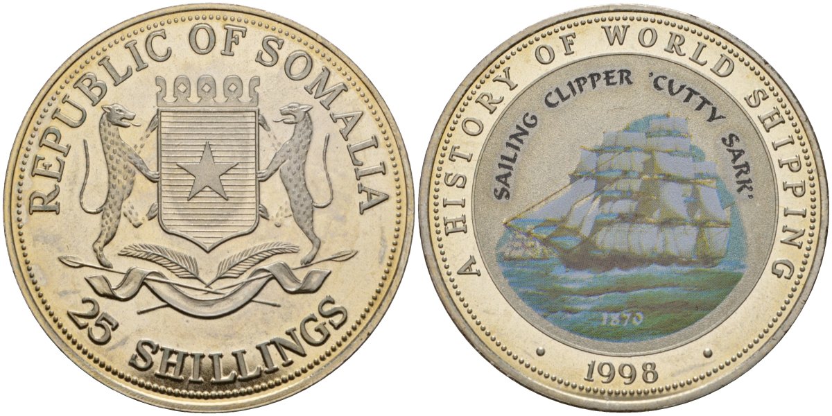 Сомали 25 шиллингов 1998 история мирового судоходства, Парусный клипер "Катти Сарк" KM 50 медно-никель PROOF 00-000-00