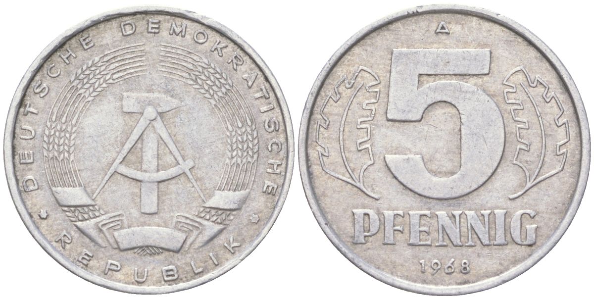 ГДР 5 пфеннигов 1968 A KM 9.1 алюминий 4613-942