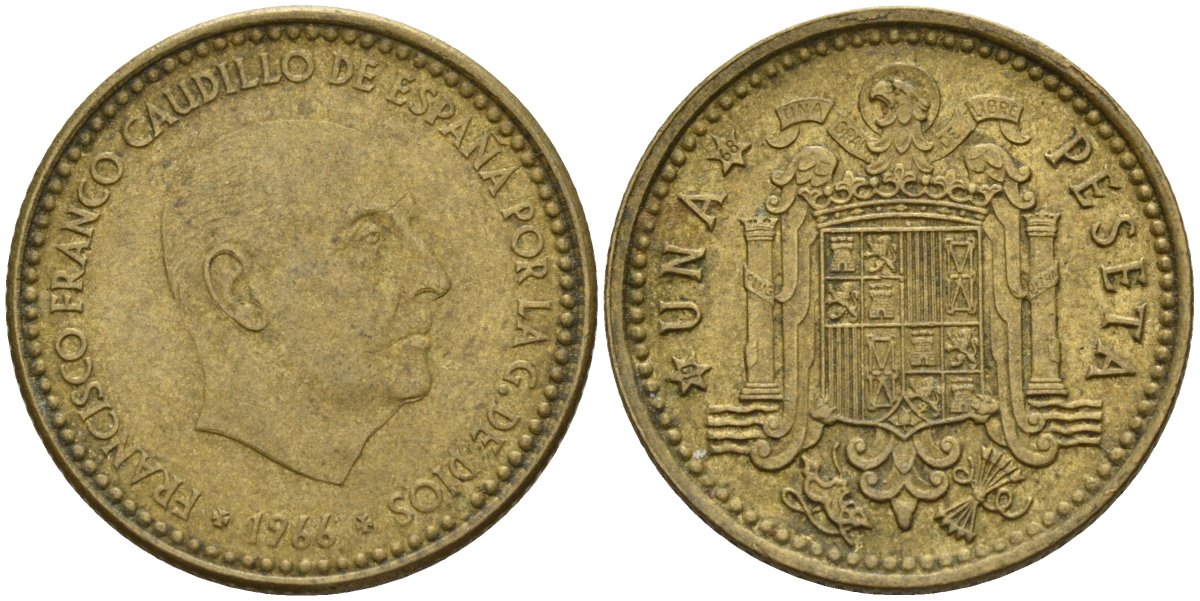 Испания 1 песета 1966 (68) Франсиско Франко (1939 - 1975) KM 796 алюминиевая бронза 4155-345
