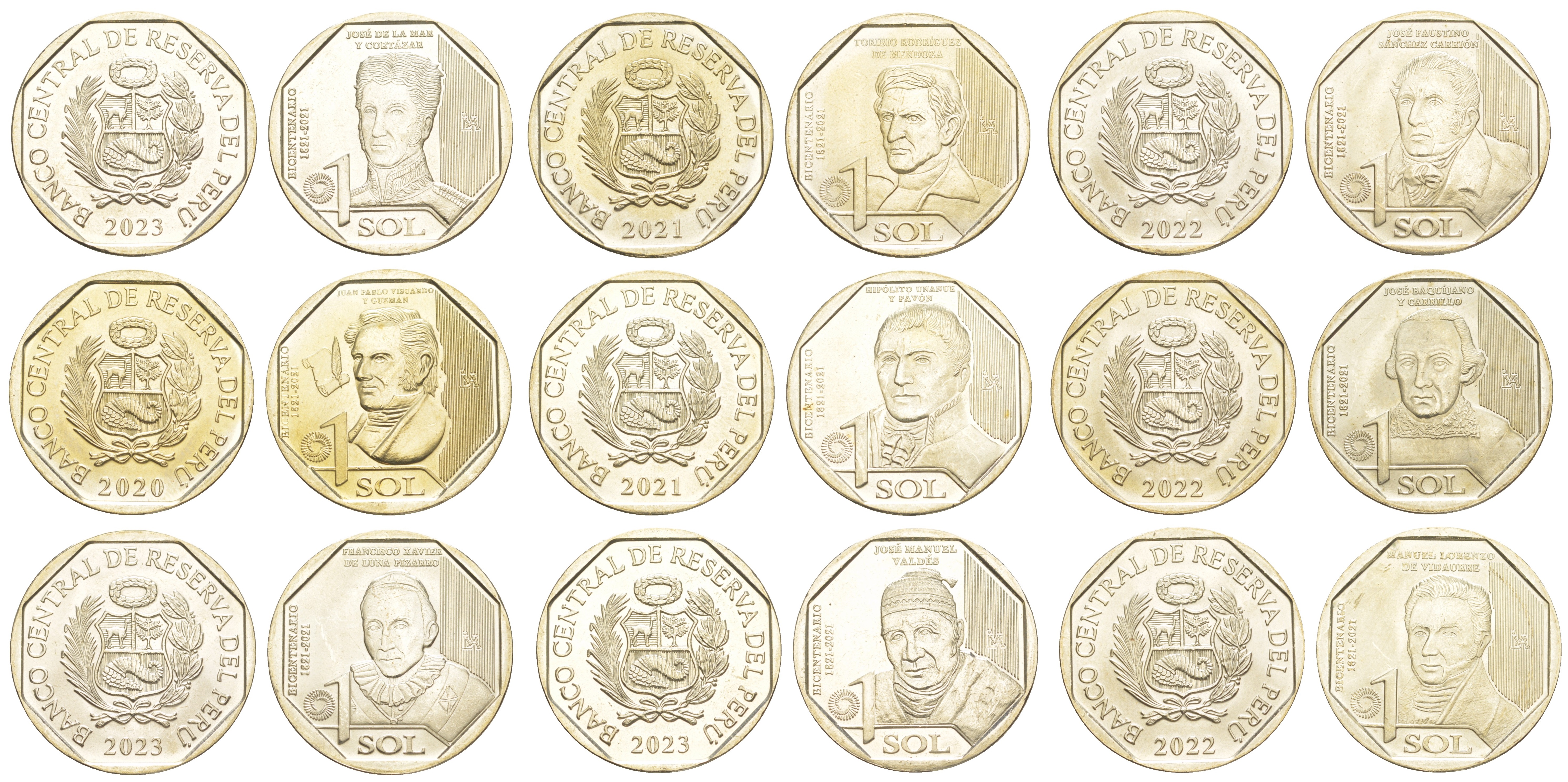 Перу лот из 9 монет по 1 соль 2021-2023 серия герои Перу KM NEW медь никель цинк  UNC  M68-07