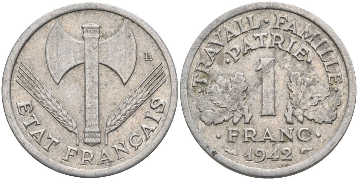 Франция 1 франк 1942 правительство Виши, тип Legere KM 902.1, Le Franc 223.2 алюминий 4116-1222