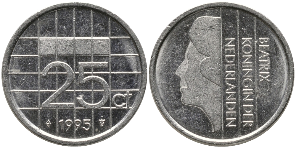 НИДЕРЛАНДЫ 25 ЦЕНТОВ 1995 БЕАТРИКС KM 204 никель 96-1262