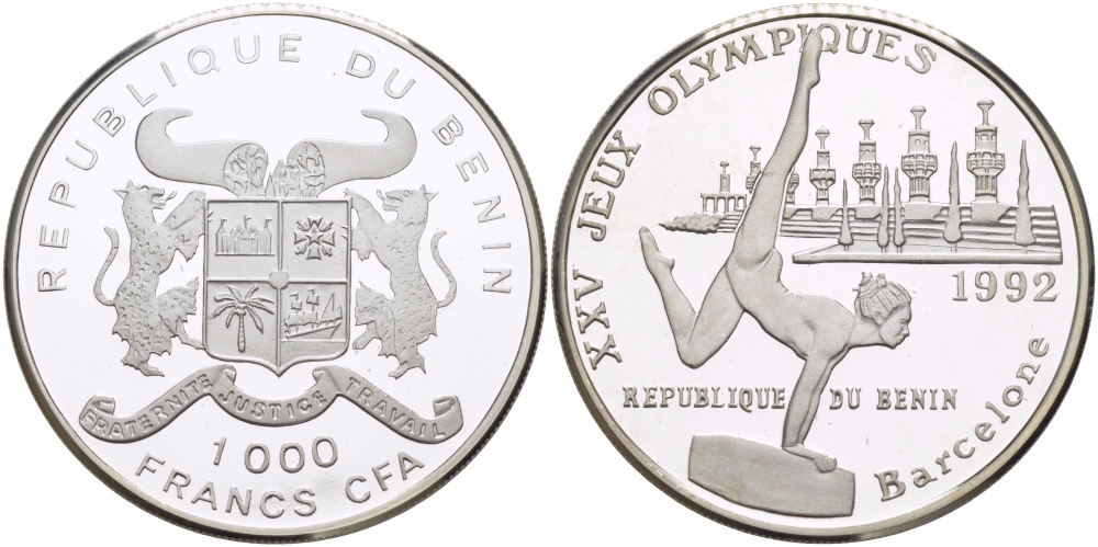 Бенин 1000 франков 1992 Олимпийские игры 1992 года в Барселоне, гимнастка на бревне KM 4 серебро PROOF 1068-1-24