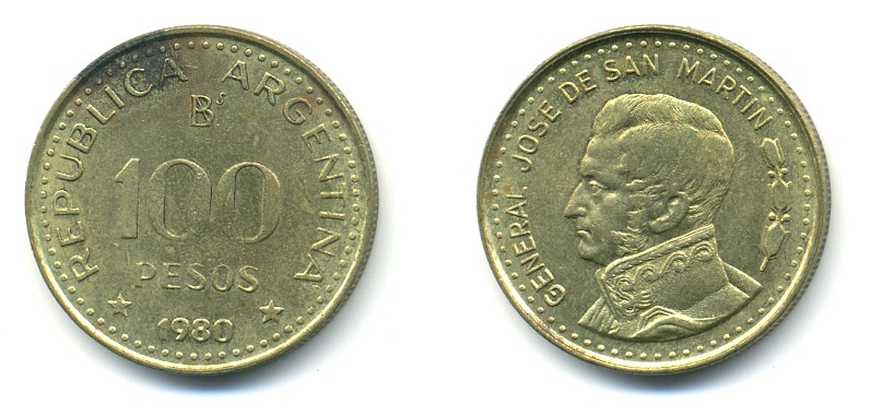 Аргентина 100 песо 1980 генерал Хосе де Сан Мартин KM 85 алюминиевая бронза 80-243