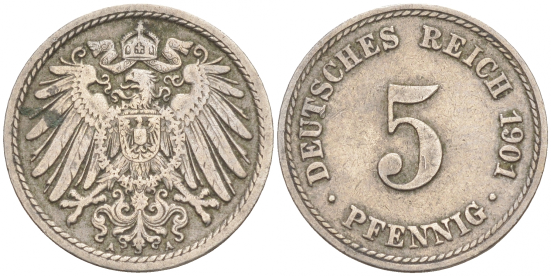 ГЕРМАНИЯ 5 ПФЕННИГОВ 1901 A, KM 11, J. 12 медно-никель 73-665