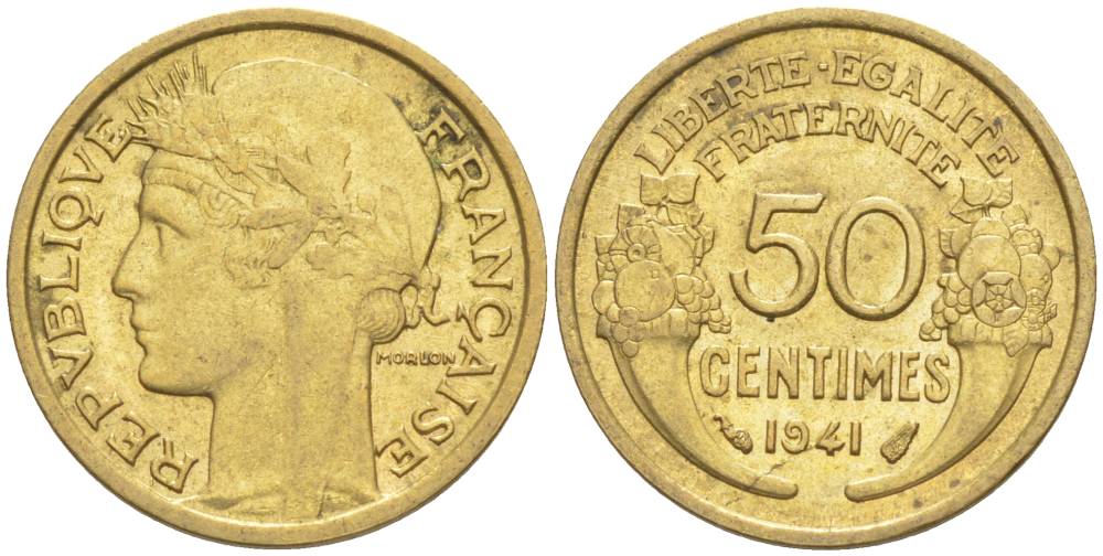 ФРАНЦИЯ 50 САНТИМОВ 1941 ТИП MORLON KM 894.1, LE FRANC 192.18 алюминиевая бронза 44-547