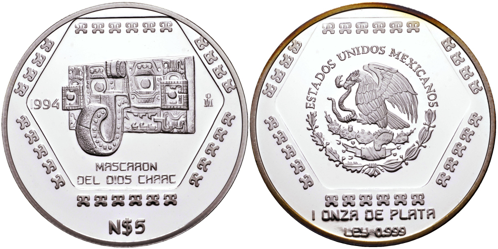 Мексика 5 песо 1994 Mascaron Del Dios Chaac, тираж 4500 экземпляров KM 577 серебро PROOF 1068-4-41