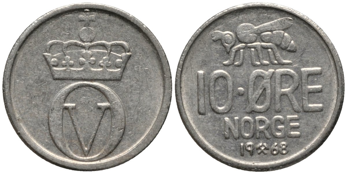 Норвегия 10 эре 1968 пчела, Улаф V (1958-1991) KM 411 медно-никель 206-1111