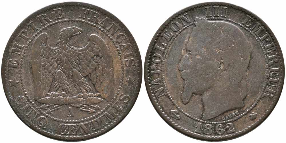 ФРАНЦИЯ 5 САНТИМОВ 1862 А, НАПОЛЕОН III (1852-1870) KM 797.1, LE FRANC 117.5 бронза 85-356
