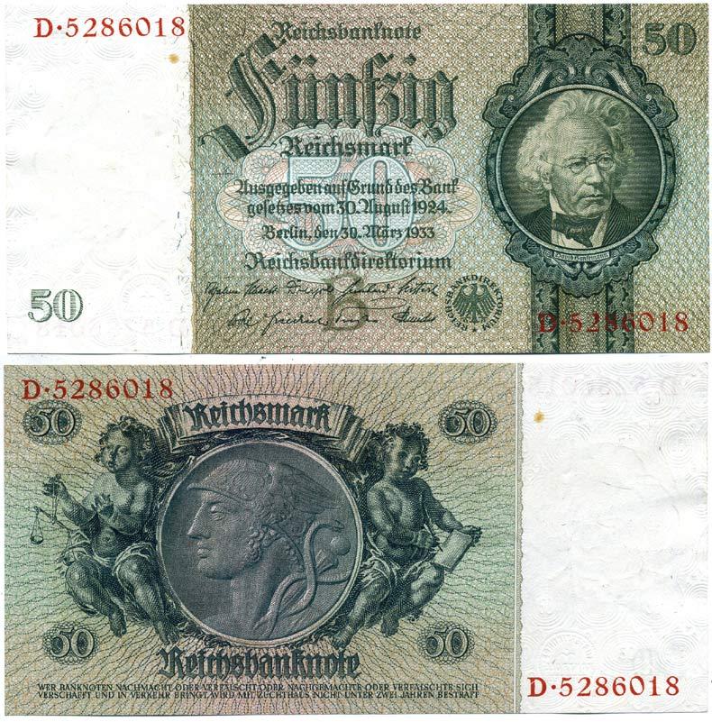 Германия 50 рейхсмарок 1933 Pick 182a бумага XF 7214-4-1