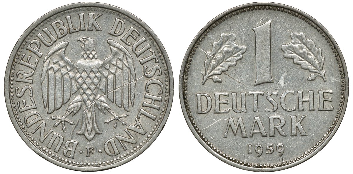 ФРГ 1 МАРКА 1959 F J 385, KM 110 медно-никель 72-653