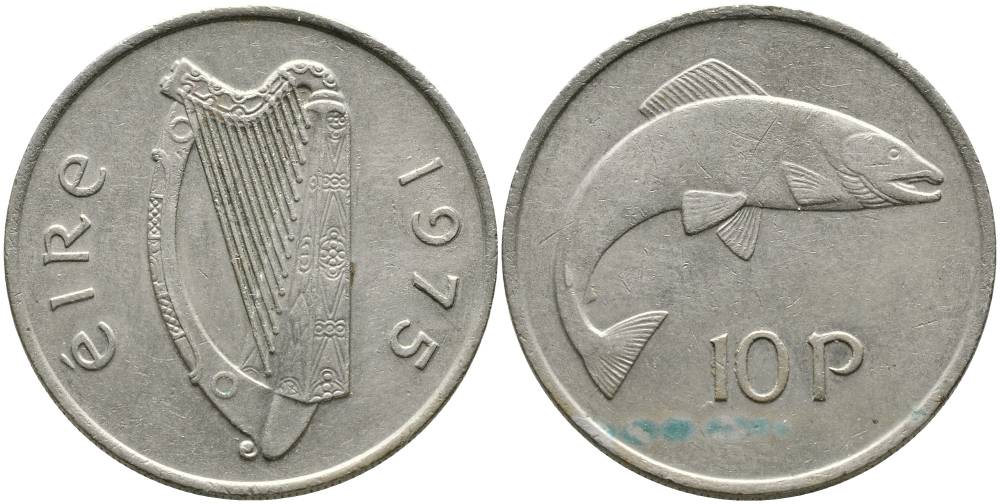 ИРЛАНДИЯ 10 ПЕНСОВ 1975 ЛОСОСЬ KM 23 медно-никель 4531-734