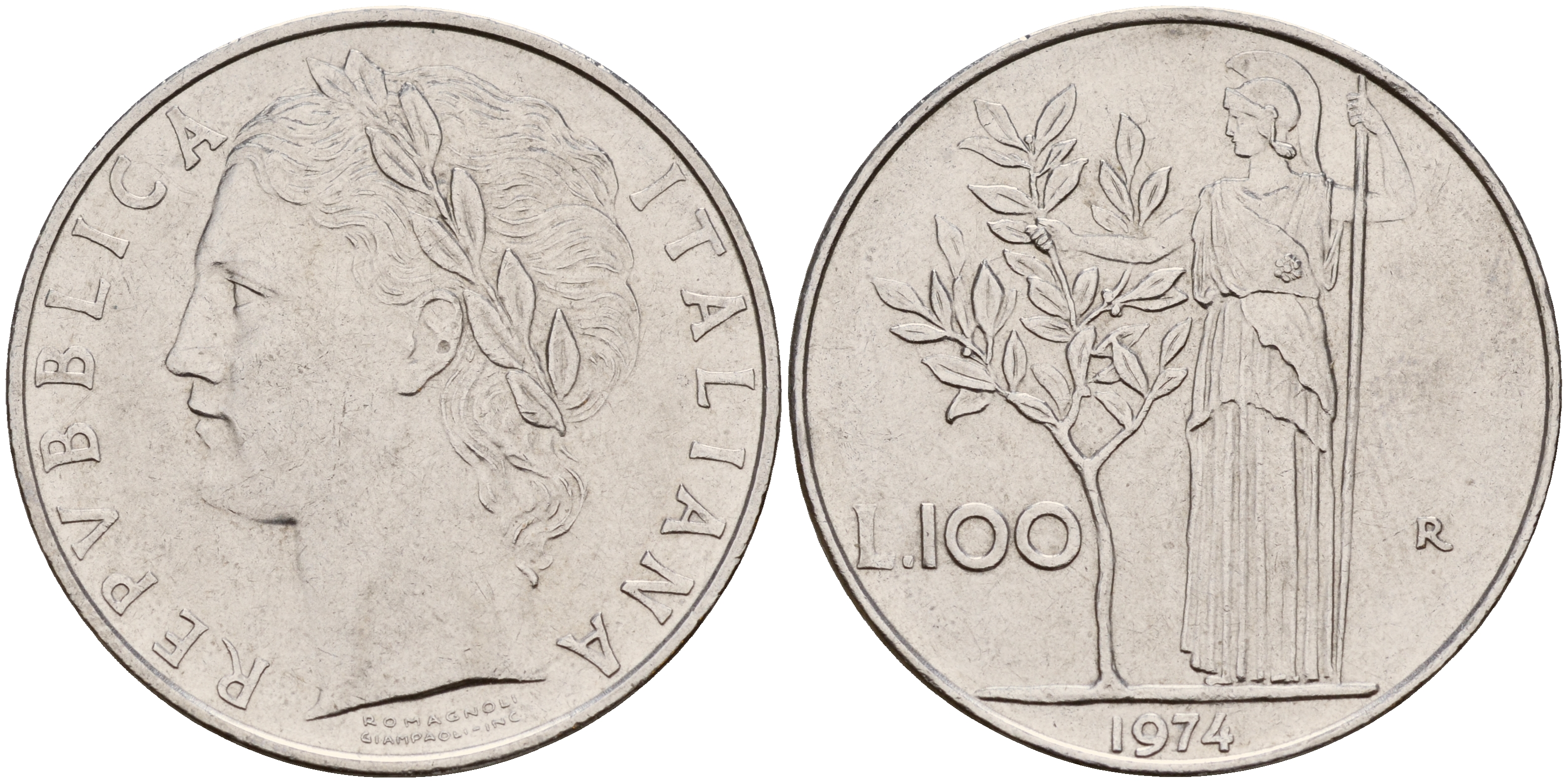 Италия 100 лир 1974 R, Афина в доспехах KM 96.1 нержавеющая сталь    4601-1047