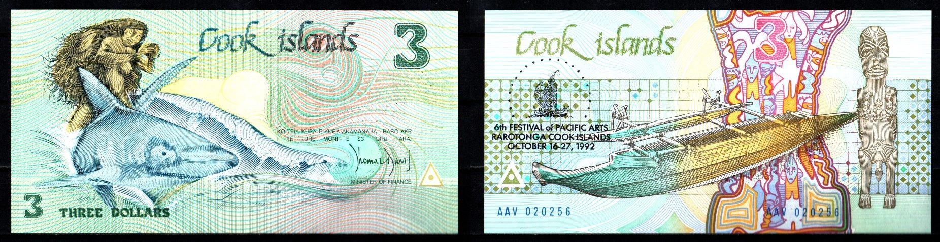 Острова Кука 3 доллара 1992 6-й Фестиваль тихоокеанских искусств на Раротонге Pick 6 бумага UNC (пресс) 8608-26-2-2