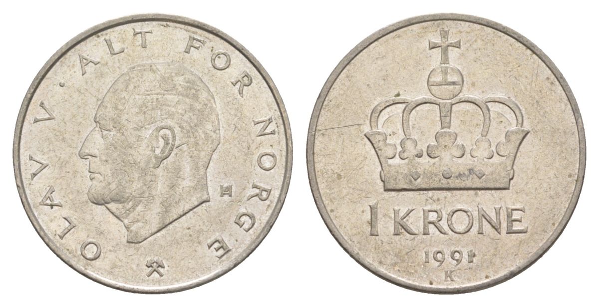 Норвегия 1 крона 1991 Улаф V (1957-1991) KM 419 медно-никель 4635-732