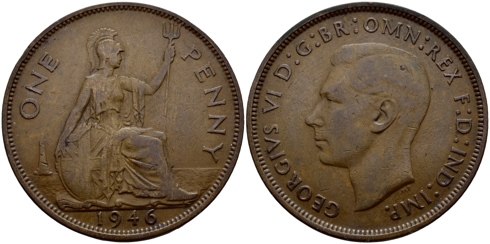 Великобритания 1 пенни 1946 Георг VI (1936-1952) KM 845, Spink 4114 бронза 4394-821