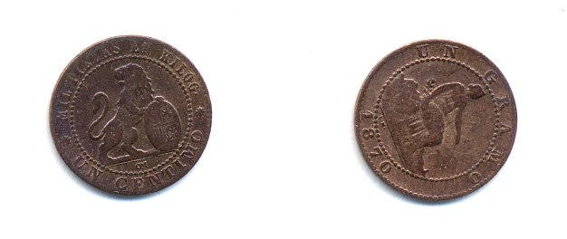 ИСПАНИЯ 1 СЕНТИМО 1870 ОМ, ЛЕВ СО ЩИТОМ KM 660 медь 4379-858