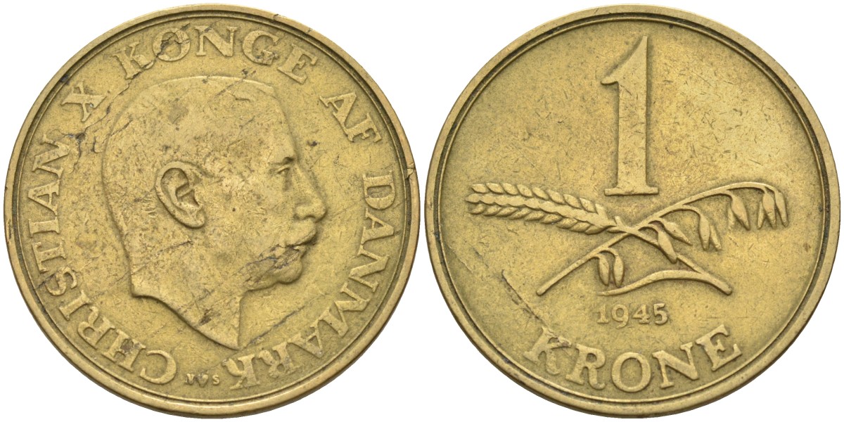 Дания 1 крона 1945 N; S, Кристиан X (1912-1947) KM 835 алюминиевая бронза 4587-1121
