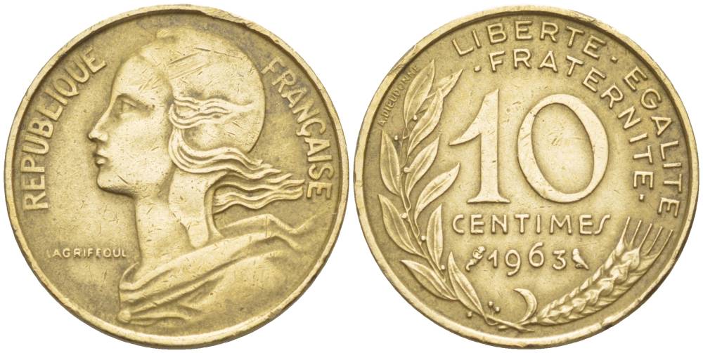 ФРАНЦИЯ 10 САНТИМОВ 1963 ТИП MARIANE KM 929, LE FRANC 144.3 медь алюминий никель 4551-624