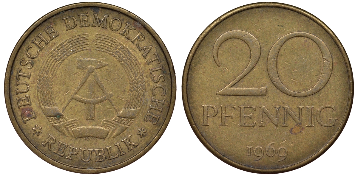 ГДР 20 пфеннигов 1969 А, первый год KM 11 латунь 62-947