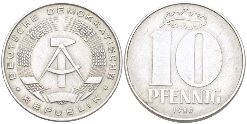 ГДР 10 ПФЕННИГОВ 1980 А KM 10 алюминий 117-724