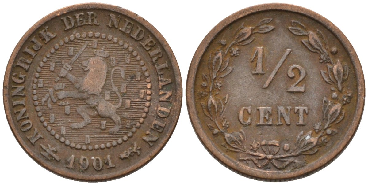 Нидерланды 1/2 цента 1901 Вильгельмина (1890-1948) KM 109 бронза 4576-316