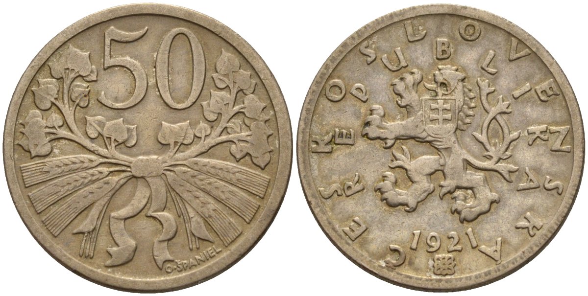 Чехословакия 50 геллеров 1921 KM 2 медно-никель 4141-452
