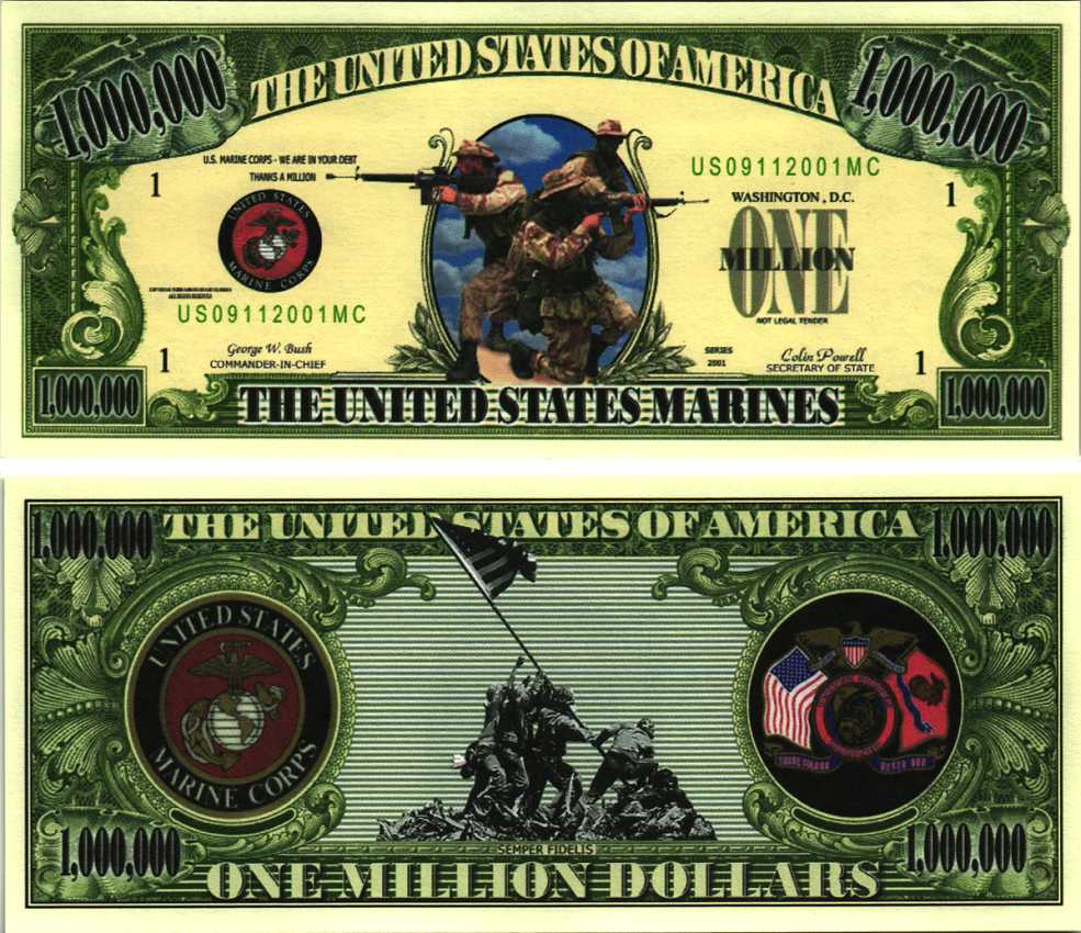 США 1000000 ДОЛЛАРОВ 2001 СУВЕНИРНАЯ БАНКНОТА, СЕРИЯ АРМИЯ США, МОРСКИЕ КОТИКИ бумага UNC (ПРЕСС) 7198-35-1-1