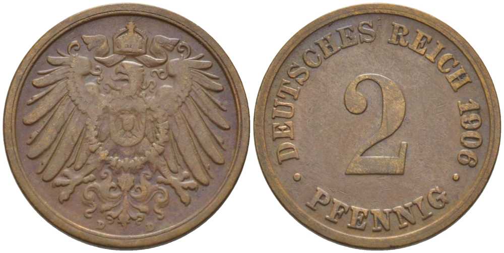 ГЕРМАНИЯ 2 ПФЕННИГА 1906 D KM 16, J. 11, Weege 4 медь 206-518