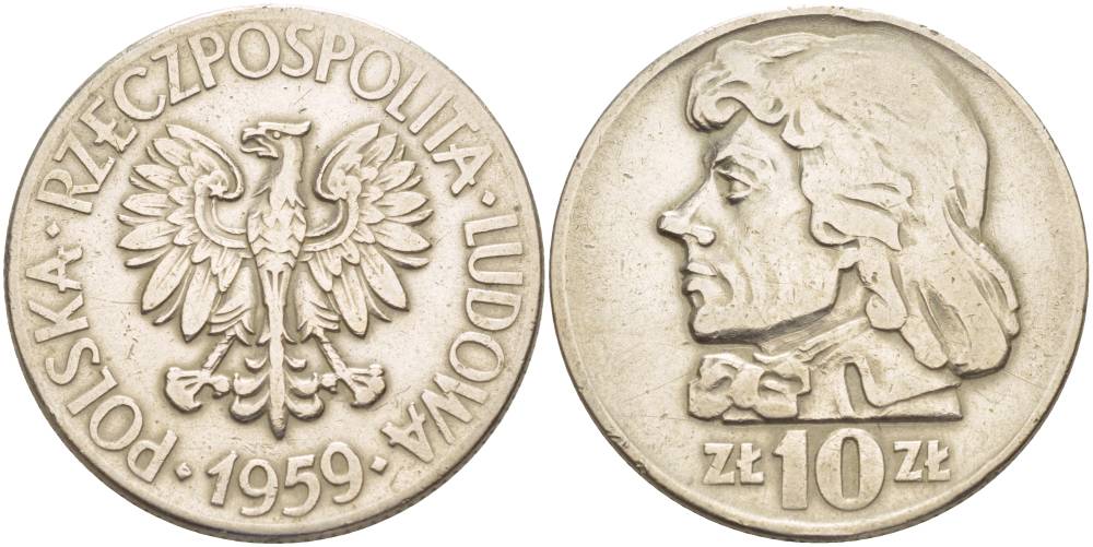 Польша 10 злотых 1959 MW, Тадеуш Костюшко, первый год KM 50 медно-никель 4542-1225