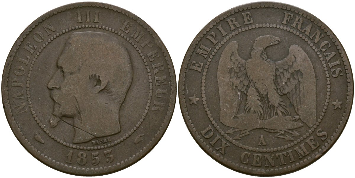 Франция 10 сантимов 1853 A- Париж, Наполеон III (1852 - 1870) KM 771 бронза 4168-534