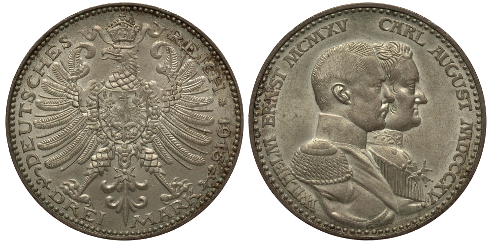 Саксен-Веймар-Эйзенах 3 марки 1915 А, 100 лет династии, Вильгельм и Карл Август, Weege 159, J. 163, KM 177 серебро 00-000-00