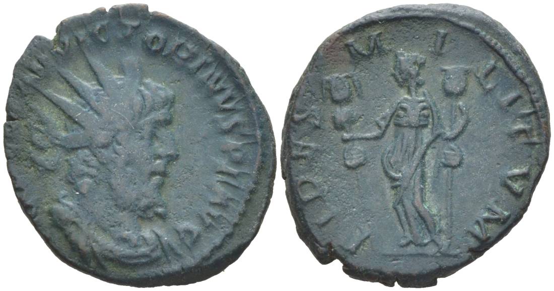 Римская Империя, императоры в Галлии антониниан 269 - 271 Викторин, IMP C VICTORINVS P F AVG, бюст императора / FIDES MILITVM, Фидея, персонификация Верности, Колония Агриппины (Кельн) RIC 109 биллон 1073-20-24