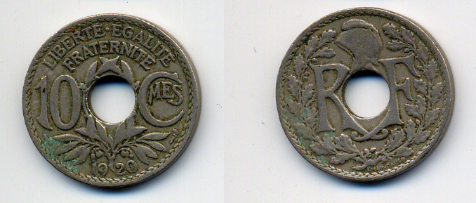 ФРАНЦИЯ 10 САНТИМОВ 1920 ТИП ЛИНДАЙЁ KM 866a медно-никель 4383-1011