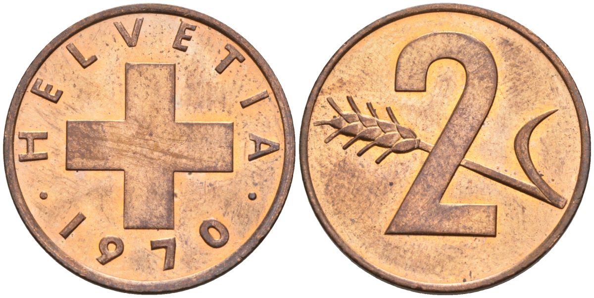 Швейцария 2 раппена 1970 KM 47 бронза UNC 4592-732