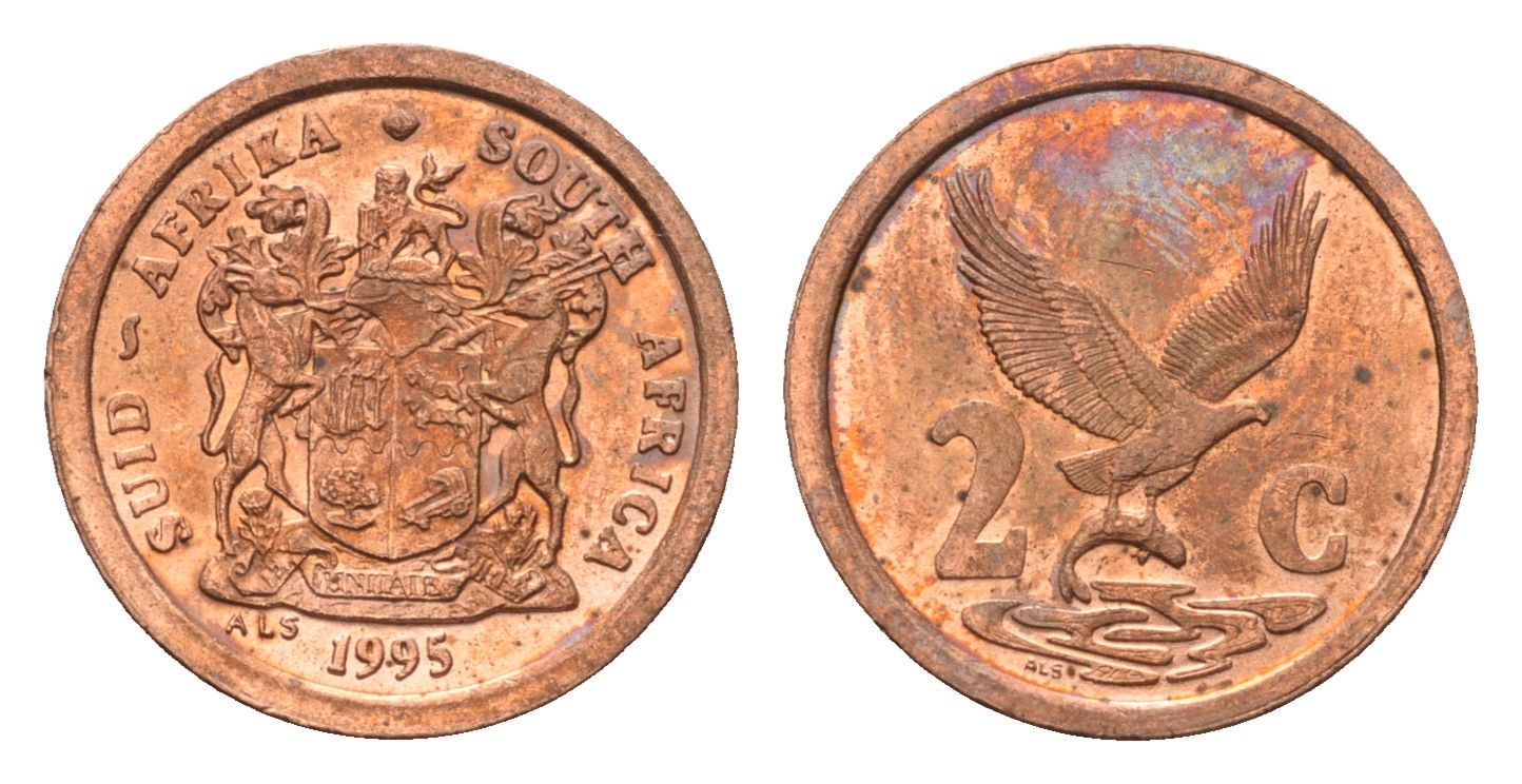 ЮАР 2 цента 1995 орел с рыбой KM 133 сталь плакированная медью UNC 4694-264
