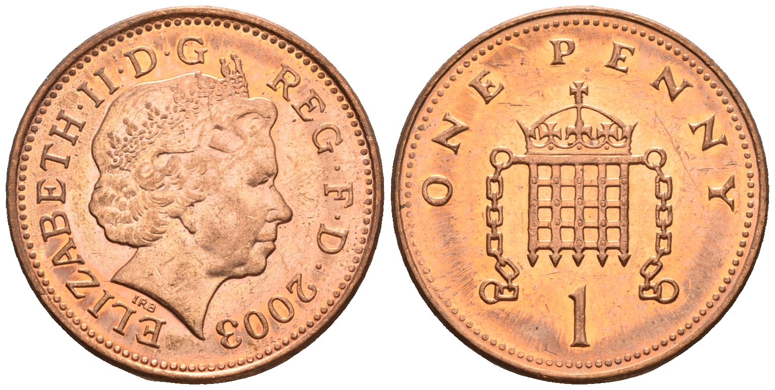 Великобритания 1 пенни 2003 Елизавета II (1952-2022) KM 986, Spink 4710 (B5) сталь плакированная медью 4609-566