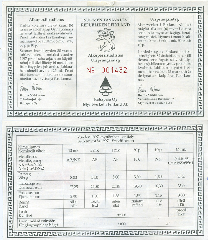 Финляндия набор из 6 монет 1997 официальный набор, с сертификатом, включая 25 марок PROOF 5-6-2-8